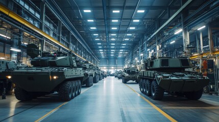 Obraz premium Military vehicles in factory setting industrial lighting bright floor