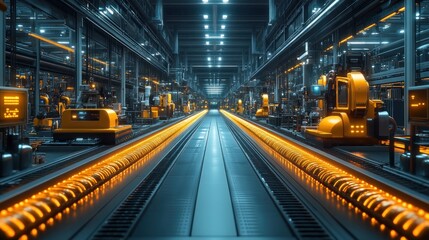 Obraz premium Futuristic industrial scene with automated machinery and conveyor belts.