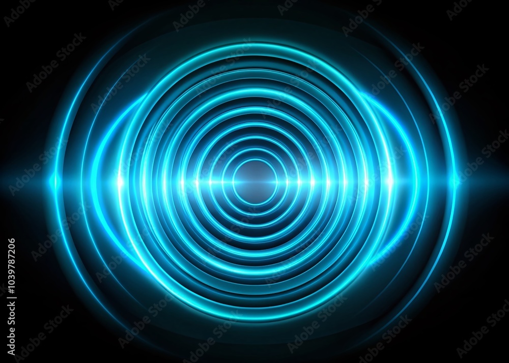 Poster abstract neon cyan circle radio waves in a looping pattern on black background