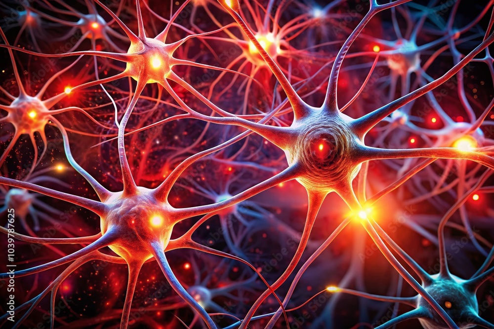 Poster abstract neurons in red - dynamic representation of nervous system complexity
