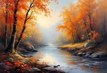 Beautiful view of autumn forest by the river at morning. Autumn background illustration.

