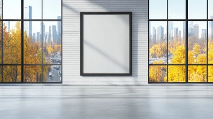 Naklejka premium A modern, spacious room features a large blank frame against panoramic windows showcasing a vibrant autumn cityscape.
