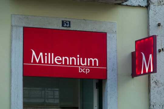 Millennium bcp logo sign. Portuguese Commercial Bank founded in 1985 and is the country's largest private bank. Lisbon, Portugal. 7 December 2023. 