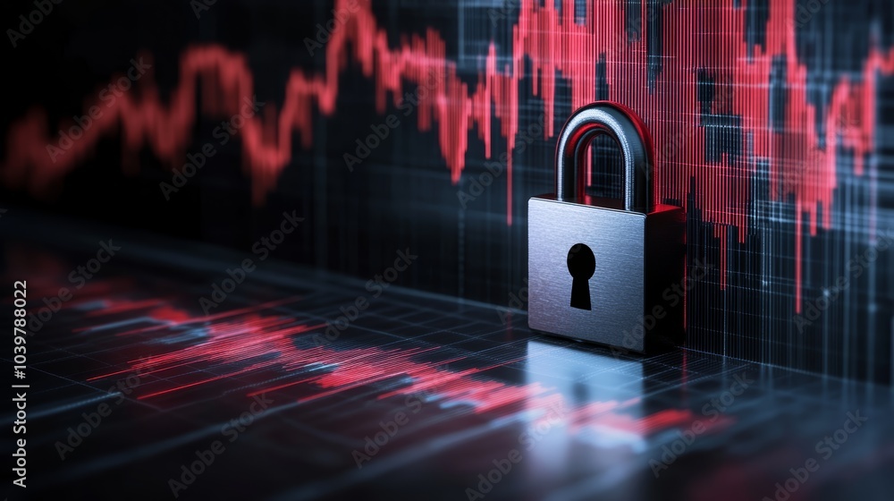 Poster a digital padlock sits on a trading graph, symbolizing security in financial transactions and data p