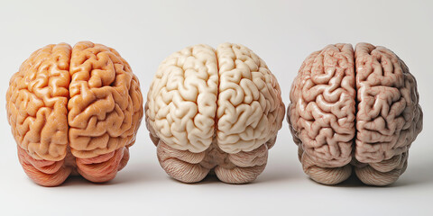 Three brains displayed in various colors and tones, creatively illustrating differences in brain activity or age, highlighting diversity in cognitive processes, selective focus

