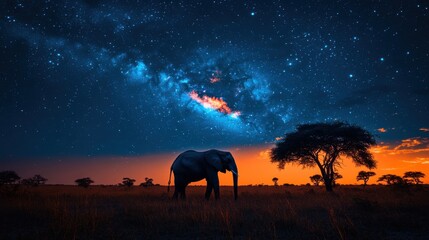 Naklejka premium A majestic elephant under a starry sky at dusk.