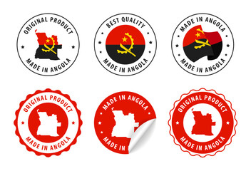 Angola - set of stamps and stickers with map and flag. Made in. Best quality. Original product. Vector illustration.
