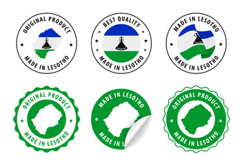 Lesotho - set of stamps and stickers with map and flag. Made in. Best quality. Original product. Vector illustration.