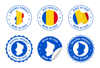 Chad - set of stamps and stickers with map and flag. Made in. Best quality. Original product. Vector illustration.