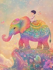 Obraz premium Whimsical Ride: Child and Rainbow Elephant in Chinese Style