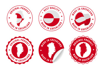 Greenland - set of stamps and stickers with map and flag. Made in. Best quality. Original product. Vector illustration.