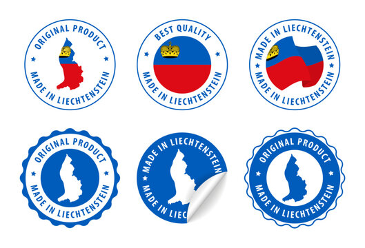 Liechtenstein - set of stamps and stickers with map and flag. Made in. Best quality. Original product. Vector illustration.
