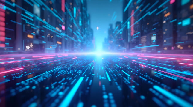 abstract background with lights data tracking data transfer blue pink neon glowing lights, high bandwidth transaction scanning. 