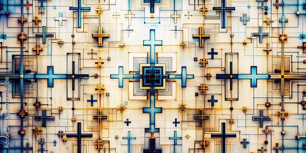 Poster abstract pattern with crosses and circles on white background for creative designs and art projects