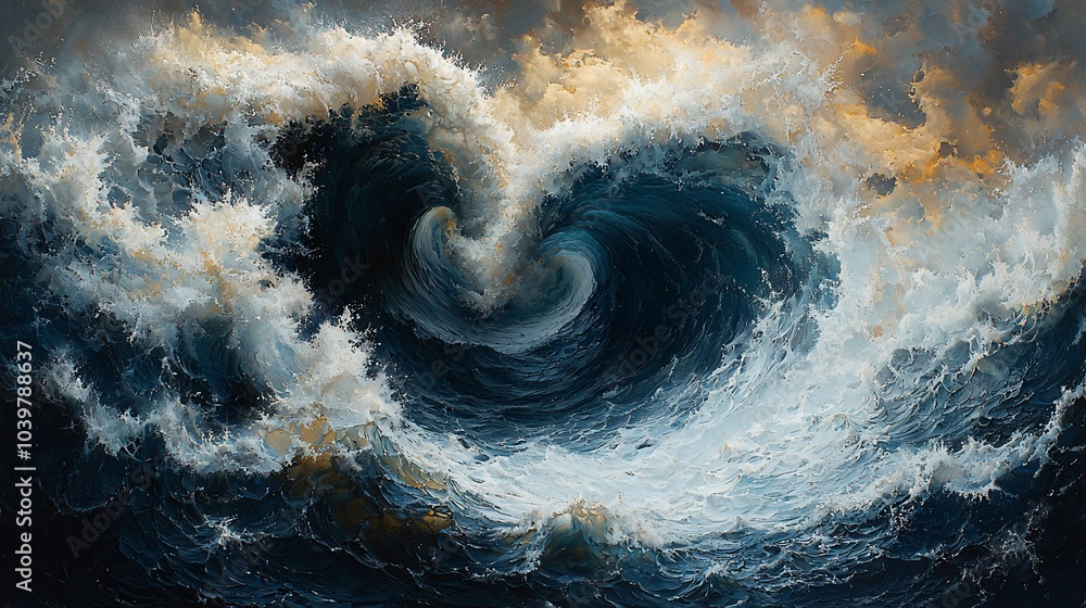 Poster a large, powerful wave forms a heart shape as it crashes in the ocean, illuminated by the golden ray