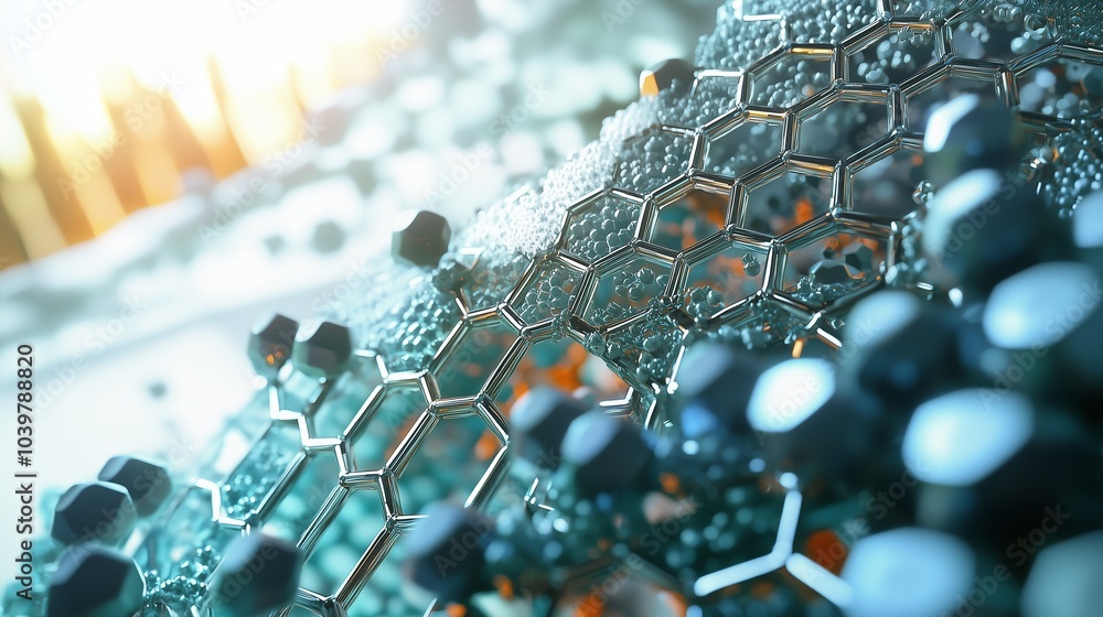 Poster hexagonal structures and molecules depict advanced composite materials and nanotechnology.