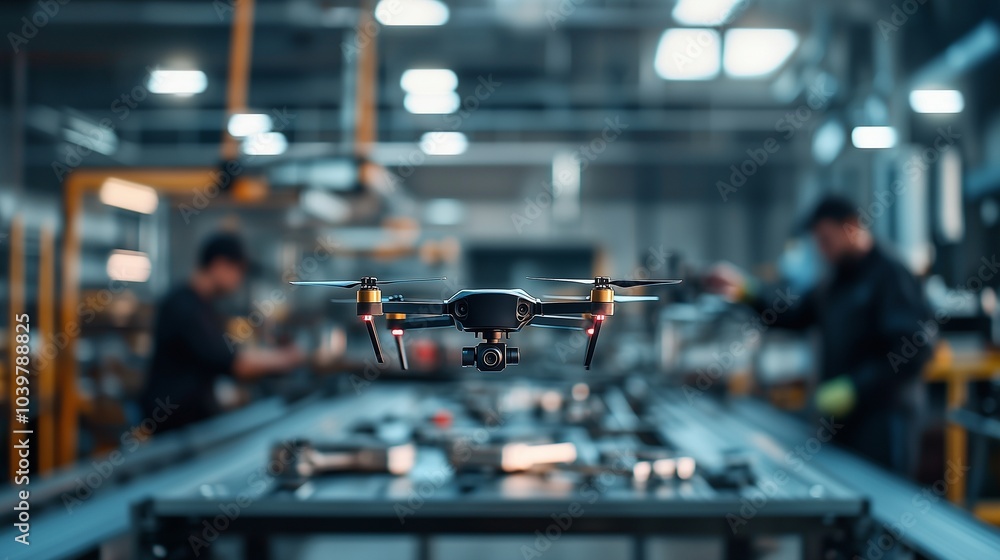 Poster modern spy drone prototype in focus amidst factory setting, symbolizing innovation.