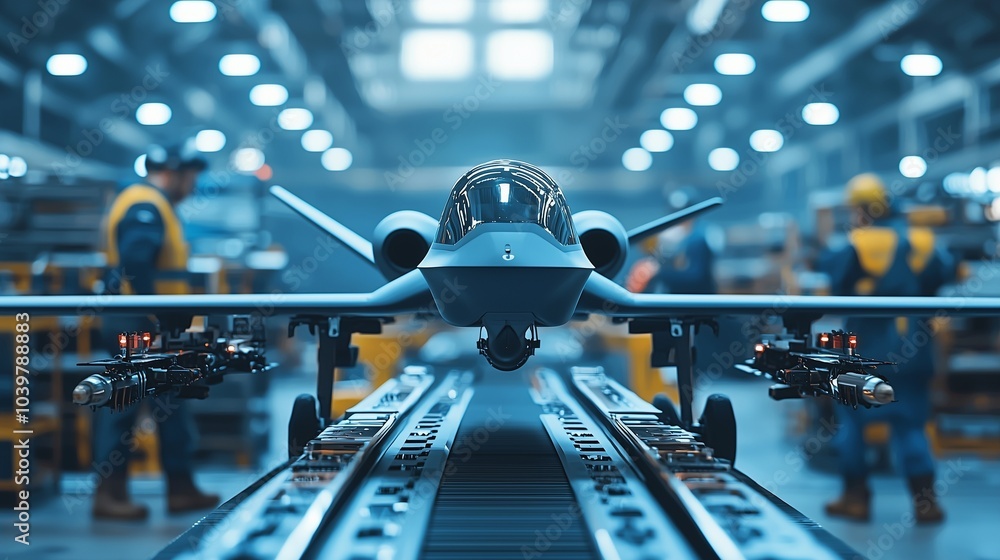 Poster modern war drone prototype on assembly line in a factory, symbolizing technological advancement.