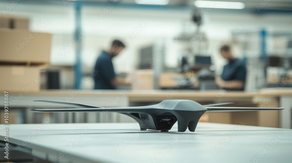 Poster modern spy drone prototype on table in tech lab, showcasing innovation in drone technology.