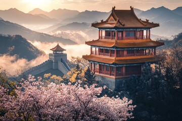 Obraz premium A Chinese-style building, located on the top of Mountains in China, with floors and golden roofs, during cherry blossom season. During a beautiful sunset, surrounded by sea of clouds
