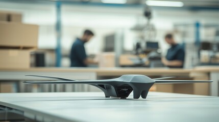 Modern spy drone prototype on table in tech lab, showcasing innovation in drone technology.