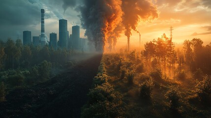Fototapeta premium Visual Contrast of Pollution and Renewable Landscapes