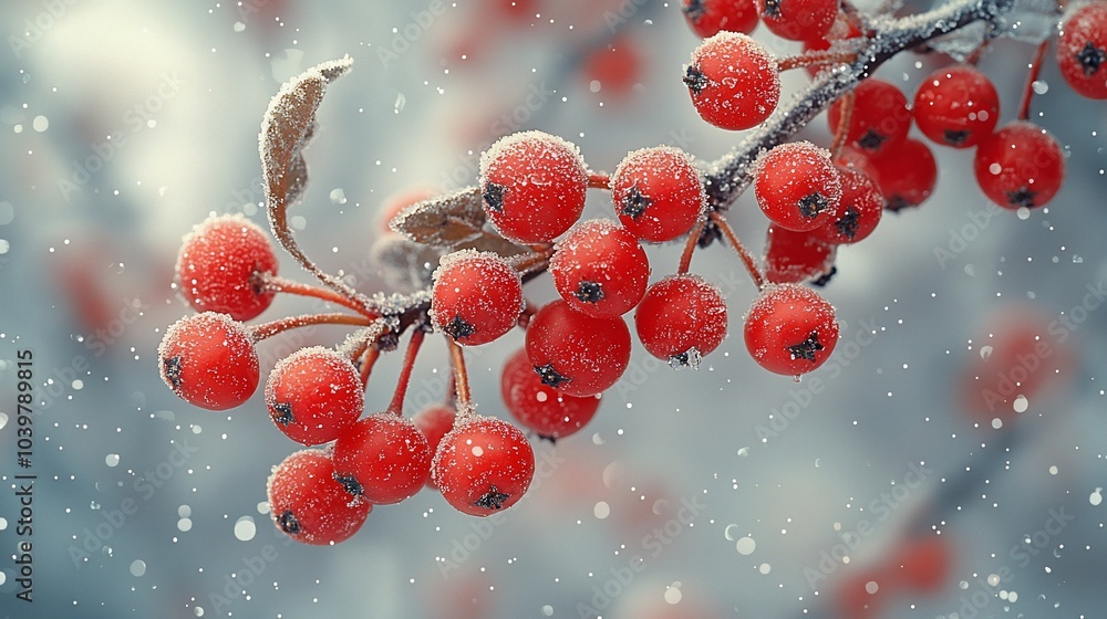 Poster close-up of red berries covered in snow on a branch with a blurred background.
