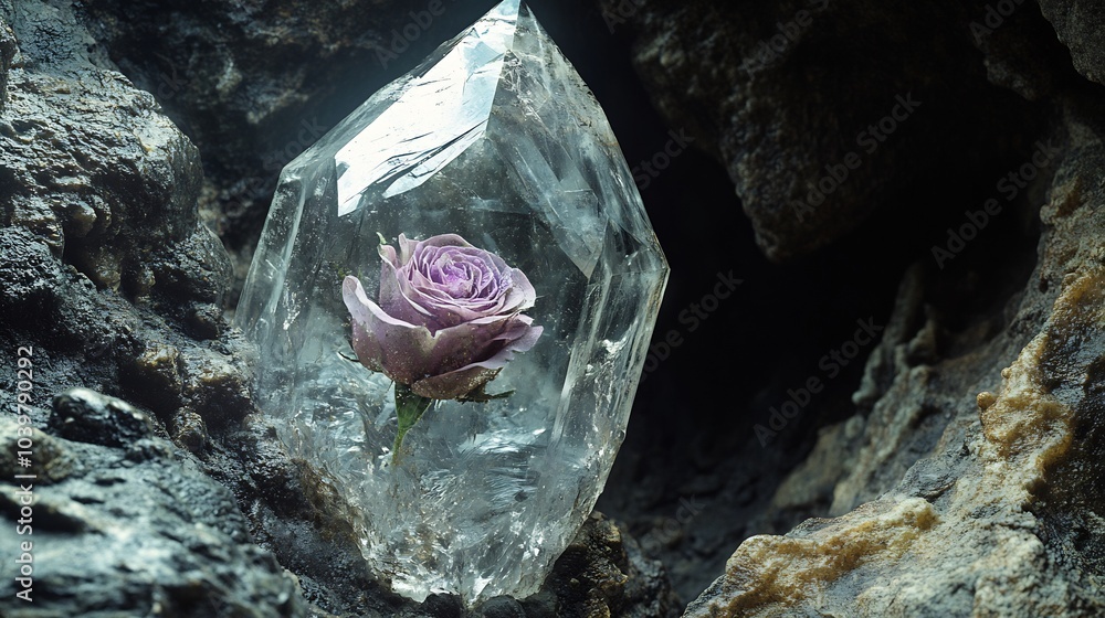 Poster clear crystal with irregular shape and sharp angles slightly dirty enclosing a delicate purple rose 