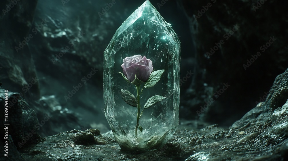 Poster clear crystal with irregular shape and sharp angles slightly dirty enclosing a delicate purple rose 