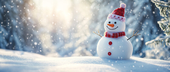 Fototapeta premium Smiling Snowman In Winter Wonderland With Falling Snow