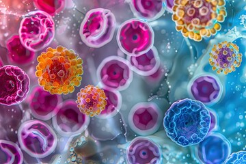  Influenza virus particles seen in the blood with erythrocytes and leukocytes, indicating infection.