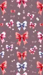 Seamless pattern with bows and ribbons; watercolor hand drawn illustration; with white isolated background isolated with white highlights, png