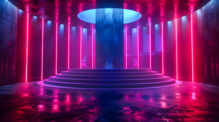 Futuristic abstract of business convention hall product display in neon color