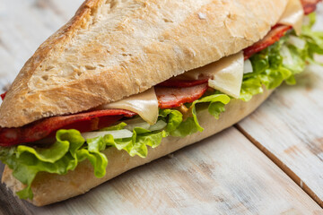 Pork tenderloin baguette, close up
