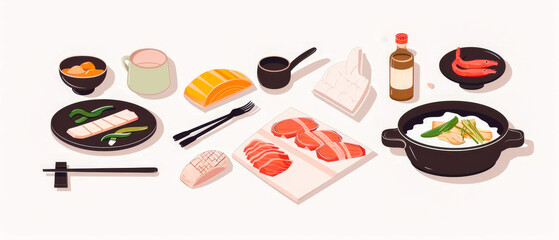 Variety of Asian food and utensils, copy space and clean white background