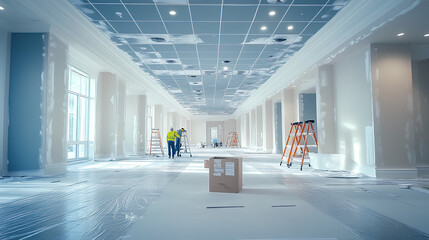 A spacious, empty office being renovated, with workers painting the walls and replacing ceiling panels, set for a complete transformation
