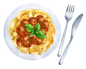 Fettuccine pasta with meatbal tomato sauce. Watercolor illustration