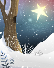 Stars shine in Winter night sky. Forest background, hollow tree and bushes covered with snow. Christmas or New Years star in sky greeting card cartoon. Illustrated winter woodland vector graphics.