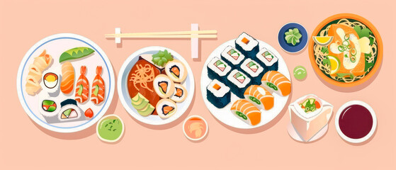 A plate of sushi and other Asian food is on a table