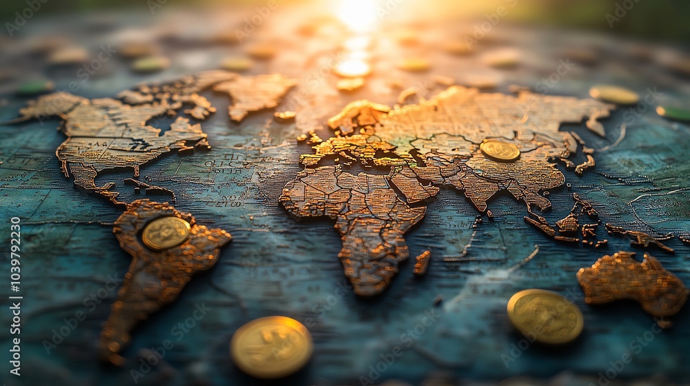 Poster global map with coins symbolizing finance concepts
