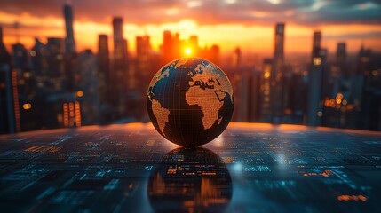 Global Finance Concept at Sunset Over Cityscape
