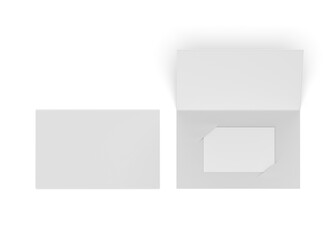 Blank card mockup inside paper booklet holder, loyalty card program folded brochure with certificate mock up, Customer loyal booklet envelope template. 3d illustration.