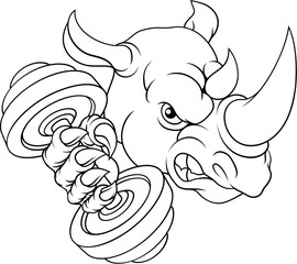A rhino rhinoceros weight lifting trainer, exercise or body building gym cartoon sports mascot holding weights dumbbell