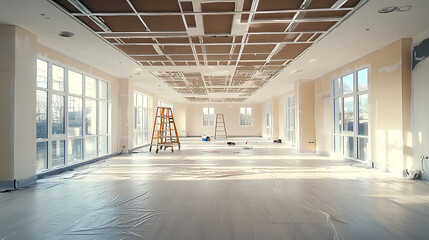 A spacious, empty office being renovated, with workers painting the walls and replacing ceiling panels, set for a complete transformation
