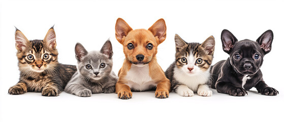 Adorable Kittens and Puppies Posing Together on White Background