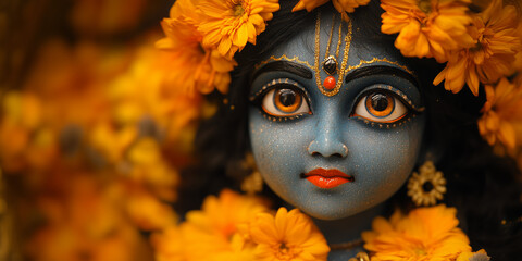 captivating close-up of Krishna’s expressive eyes with intricate golden details, framed by vibrant orange marigold flowers, symbolizing devotion and spiritual beauty in Hindu culture