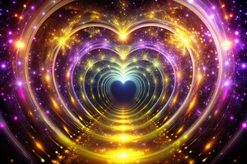 Fototapeta premium Abstract Warm Neon Glowing Yellow and Purple Heart Shaped Outer Space Tunnel Background for Digital Art and Design