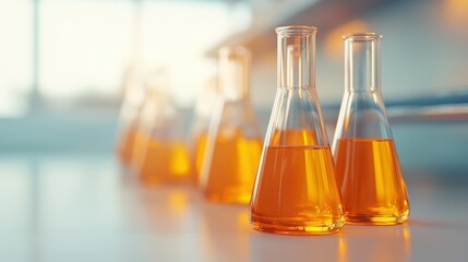 Glass flasks with orange liquid on a lab table in a bright research setting.