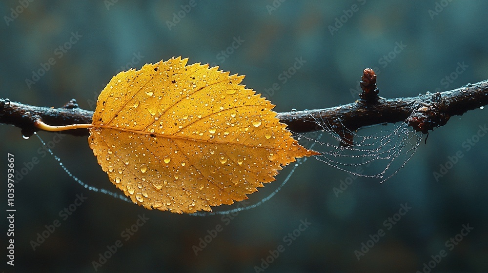 Poster a single yellow leaf with dew drops on it, hanging from a branch with a spiderweb.