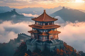 Naklejka premium A Chinese-style building, located on the top of Mountains in China, with floors and golden roofs, during cherry blossom season. During a beautiful sunset, surrounded by sea of clouds